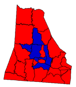 2012 presidential election results in Cleveland County (blue = Obama; red = Romney)