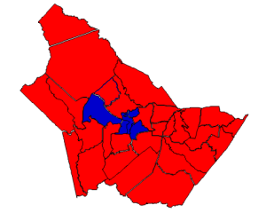 2012 presidential election in Burke County (blue = Obama; red = Romney)