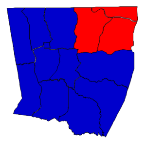 2012 presidential election results in Warren County (blue = Obama; red = Romney)