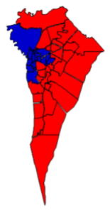 2012 presidential election results in New Hanover County (blue = Obama; red = Romney)