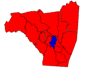 2012 presidential election results in Rutherford County (blue = Obama; red = Romney)